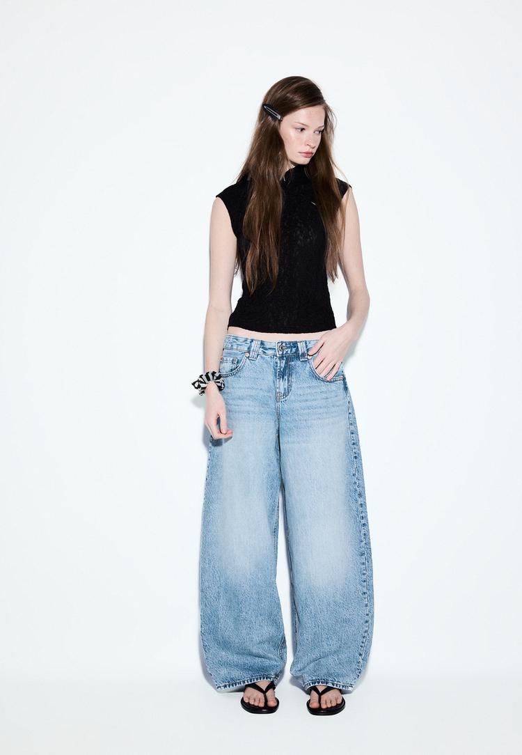 Stradivarius D80 Blugi Barrel Fit Efect Prespălat Denim Albastru Mediu 40