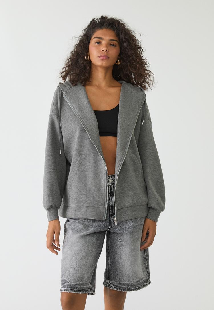 yumusak dokulu fermuarl ve kapusonlu oversize sweatshirt