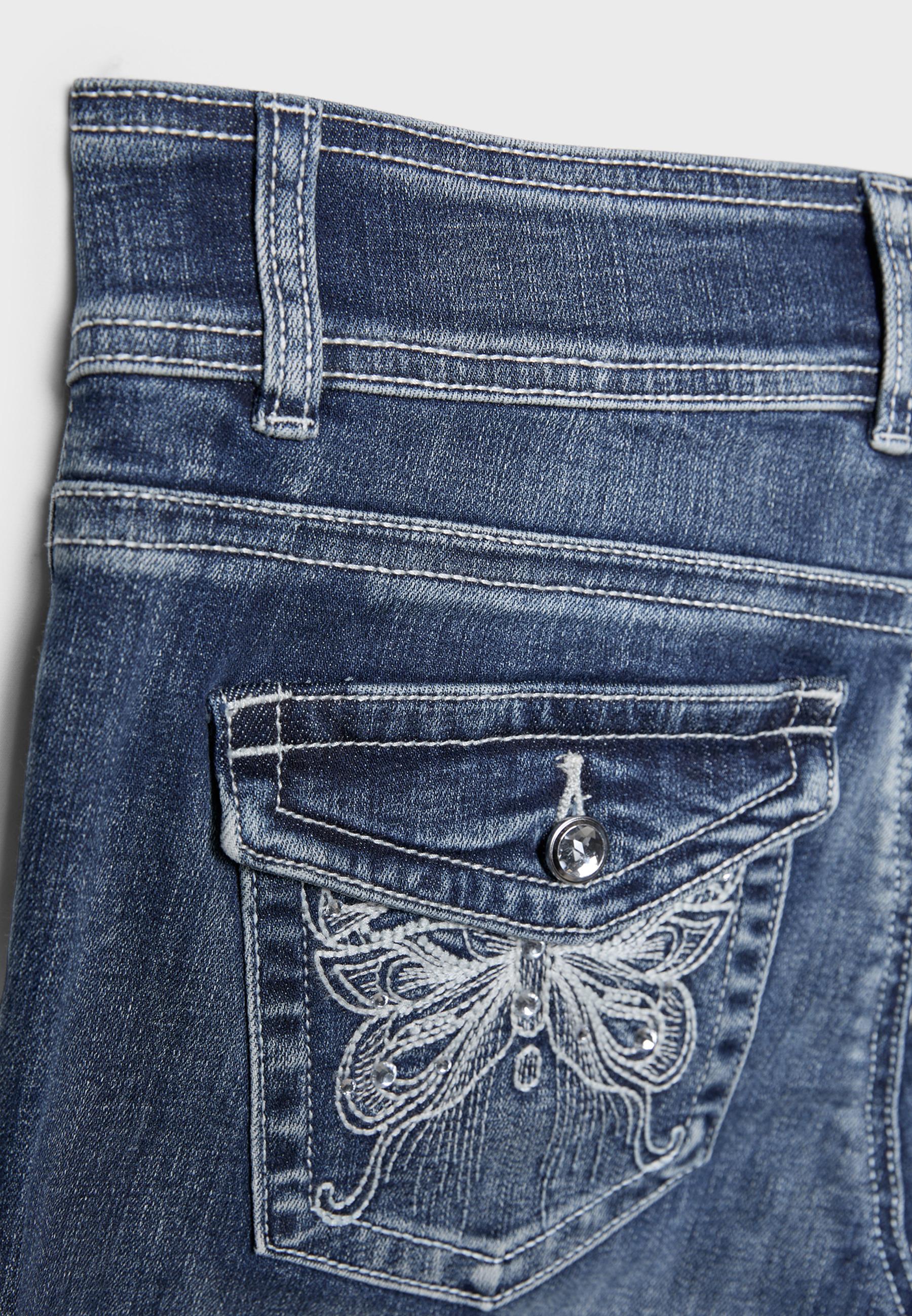 Embroidered pocket bell bottom jeans — MEDIUM LIGHT BLUE DENIM