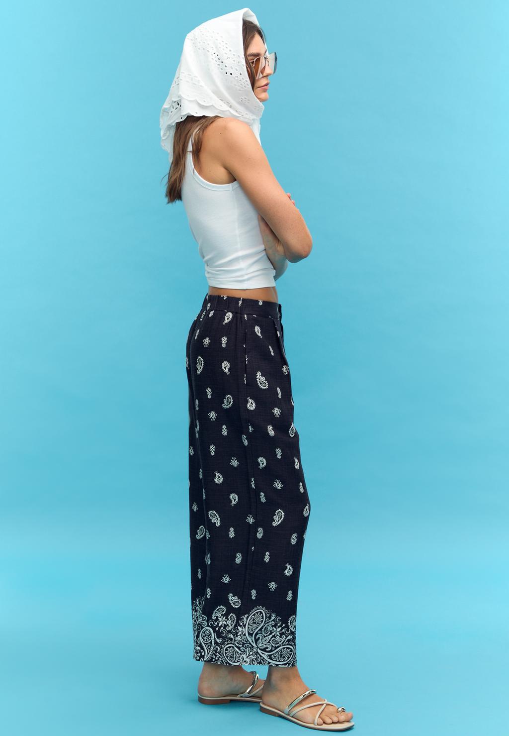 Pantalón culotte estampado con lino