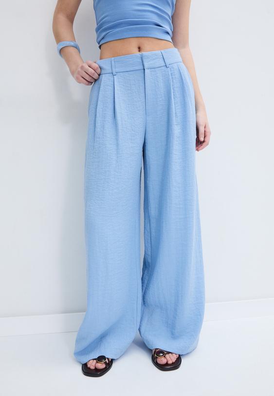 Stradivarius Pantalon Large Ajustable Effet Lin Bleu 36