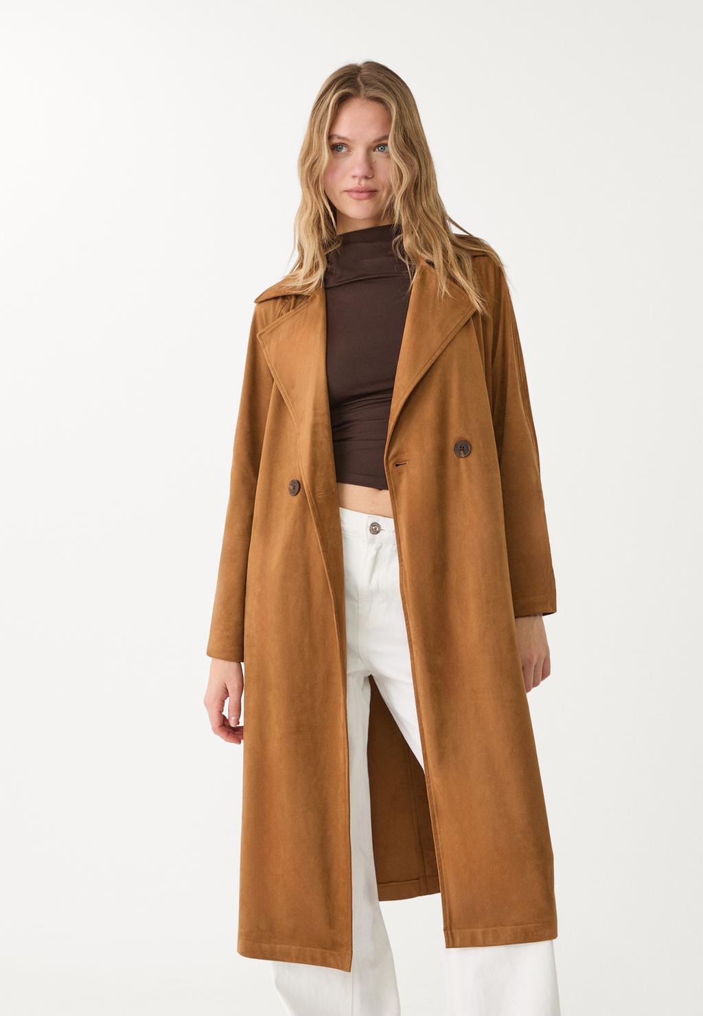 Long faux suede trench coat