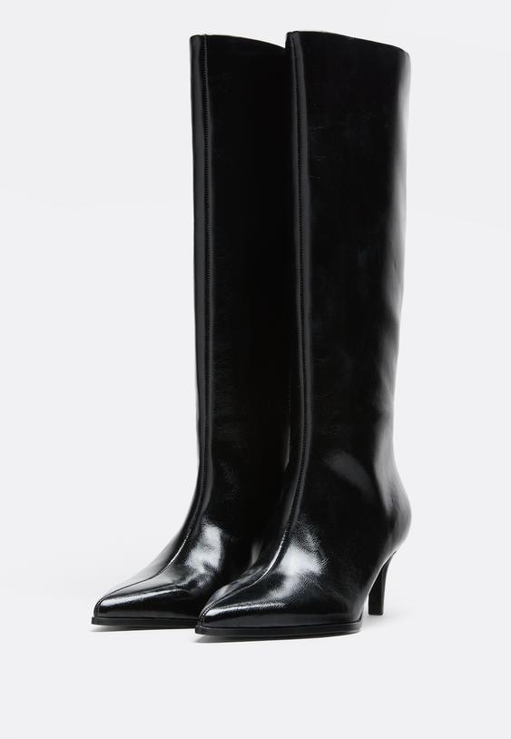 Stradivarius Μαύρες Μπότες Με Φαρδιά Γάμπα Και Kitten Heel Μαύρο 37