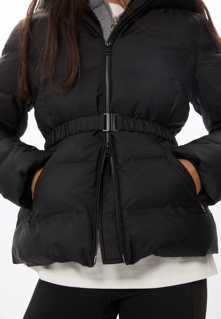 hooded puffer jacket with belt
