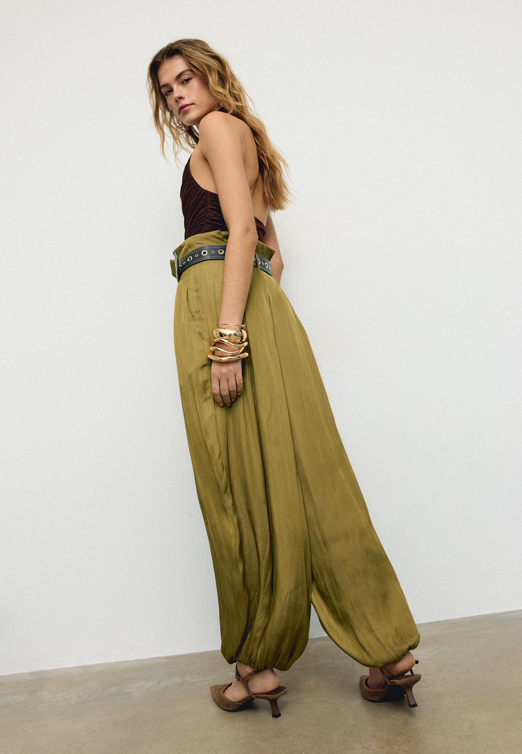 Satin sarouel trousers with belt — Olive green