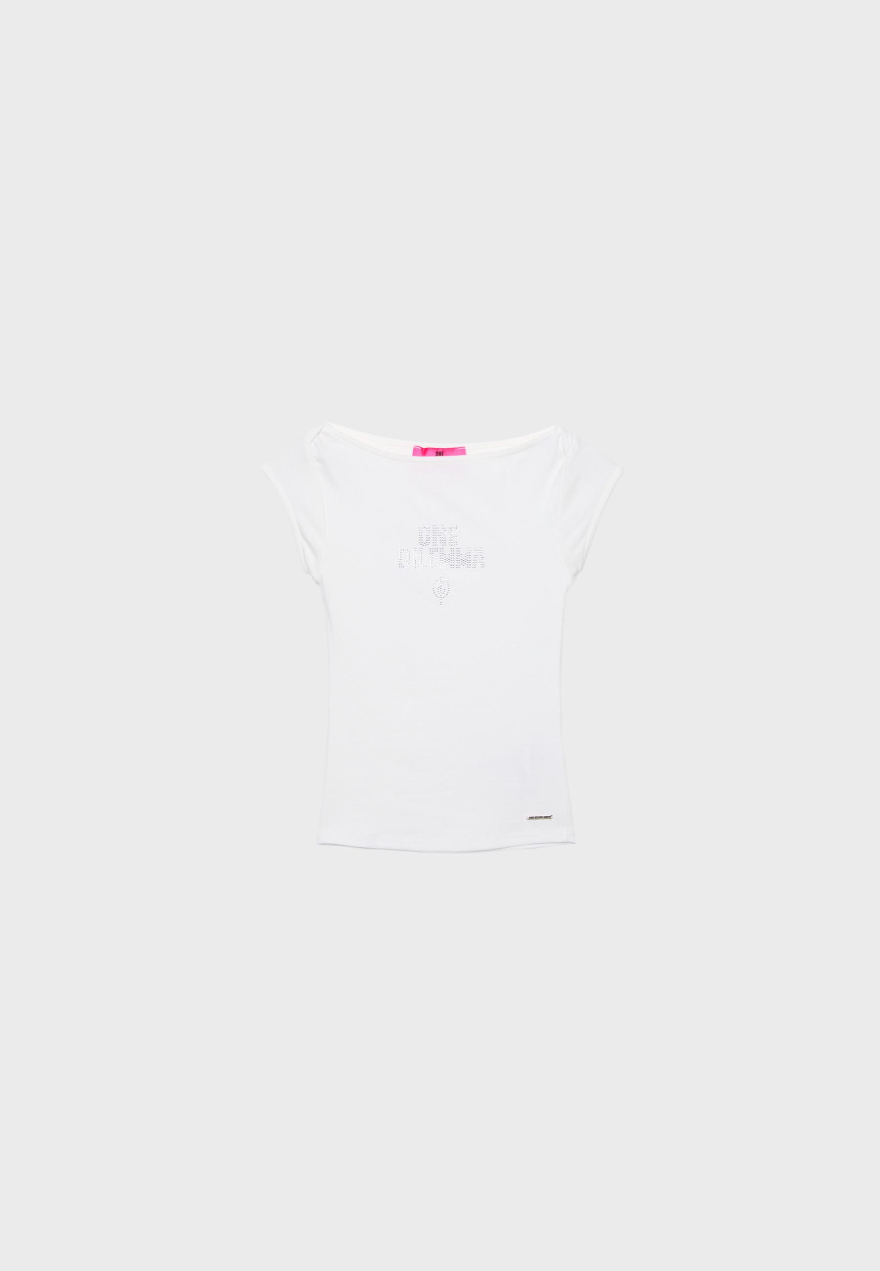 Boat neck short sleeve T-shirt with rhinestones One Dilemma — White