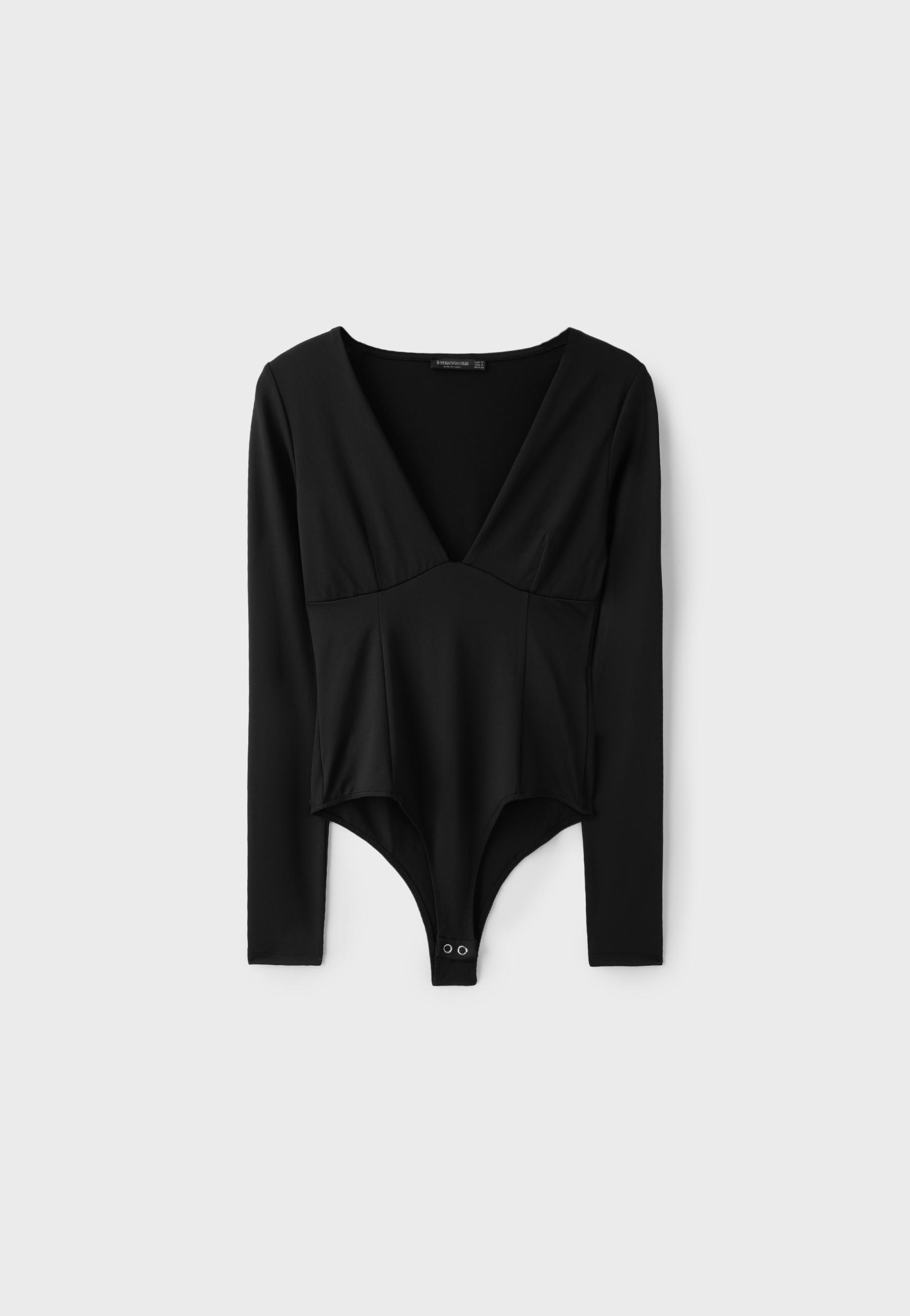 V-neck bodysuit with under-bust gathering — Black