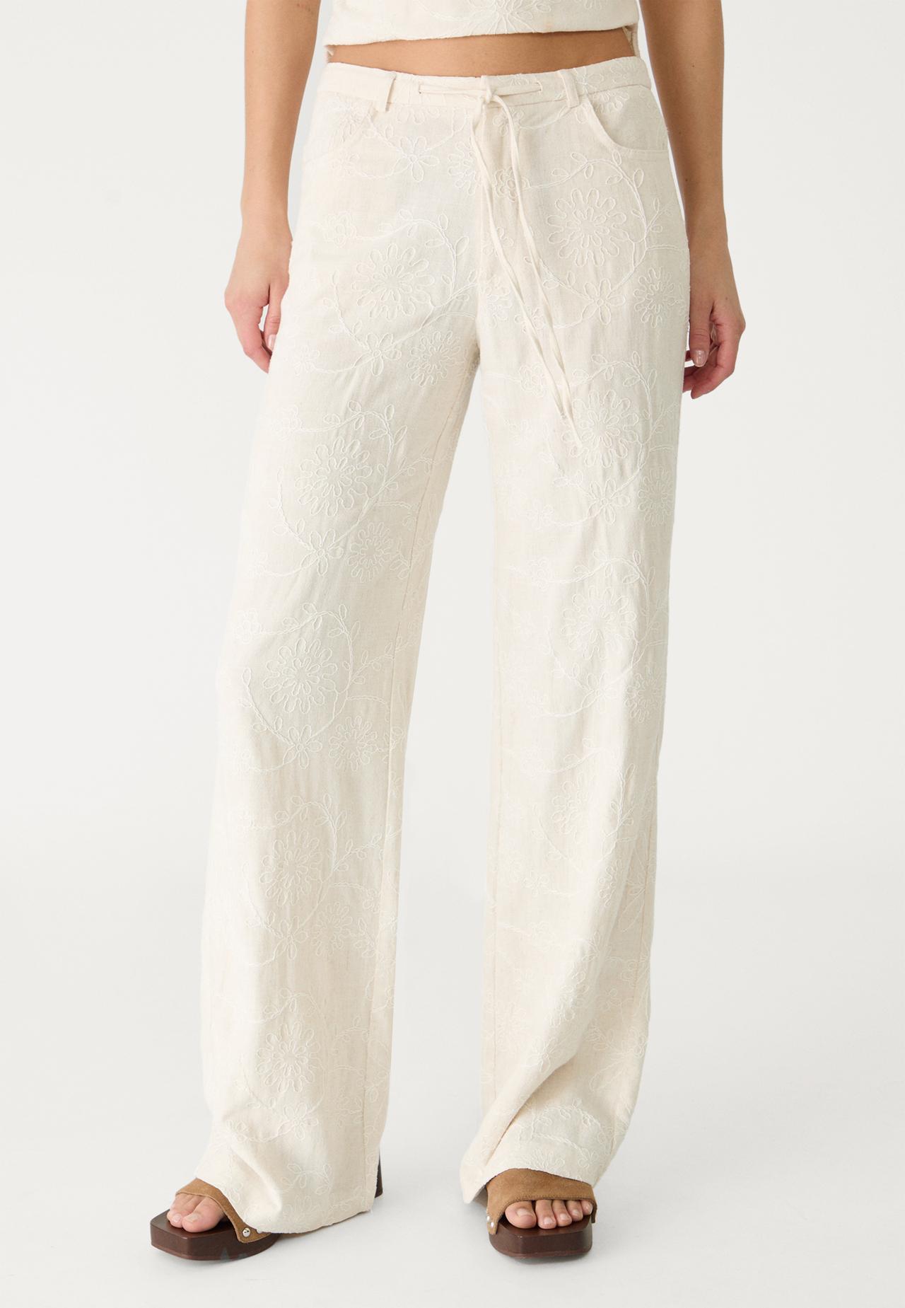 Pantalon straight lin broderies - Mode femme | Stradivarius France