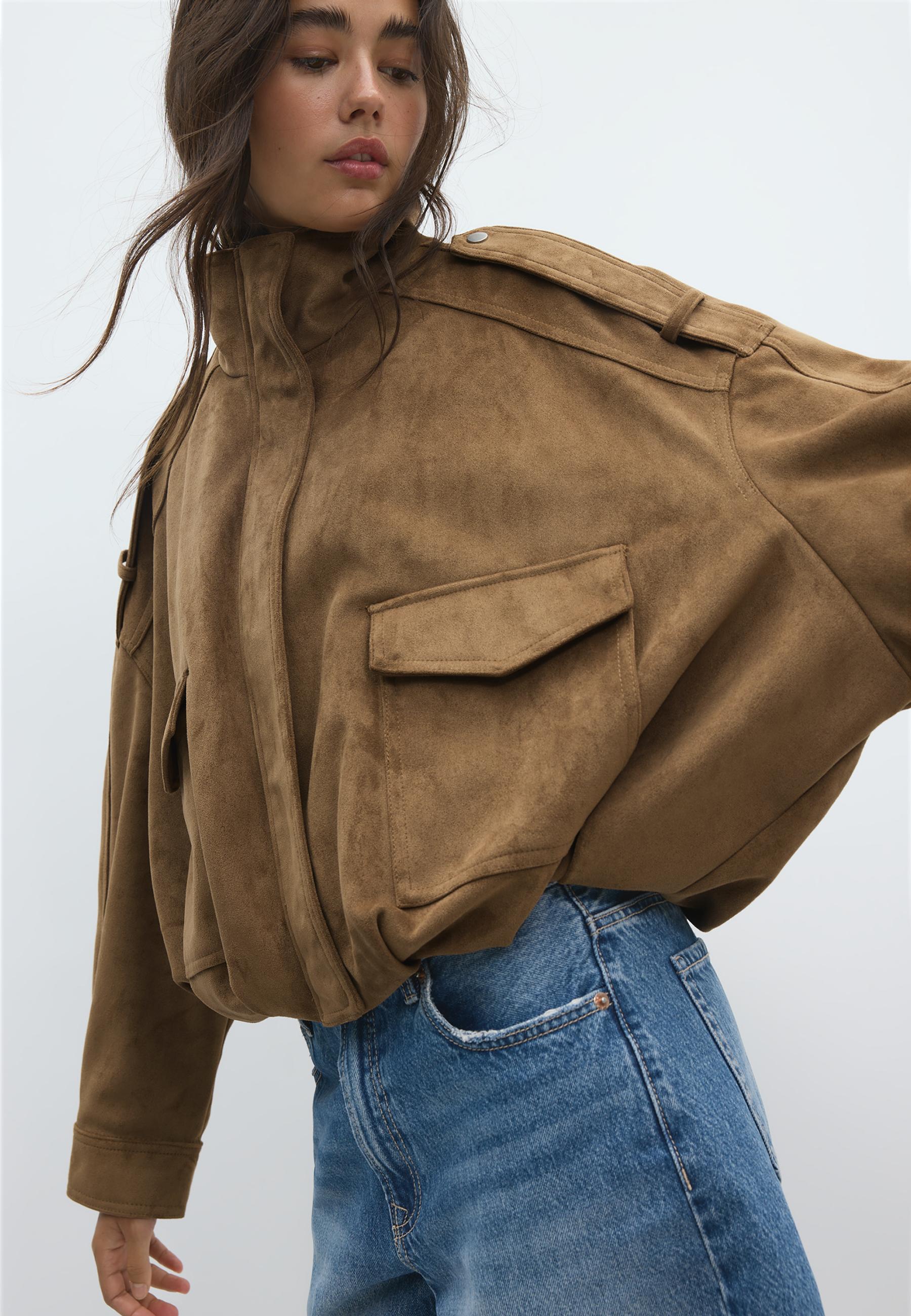 Oversize faux suede jacket — Stone