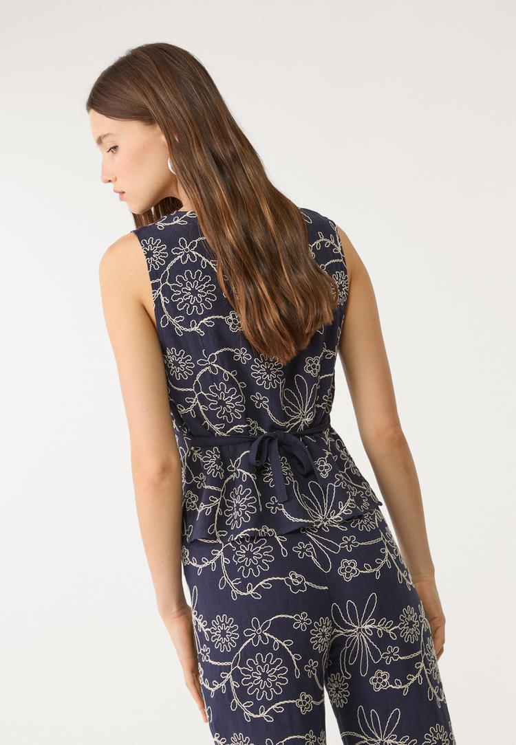 embroidered linen blend top