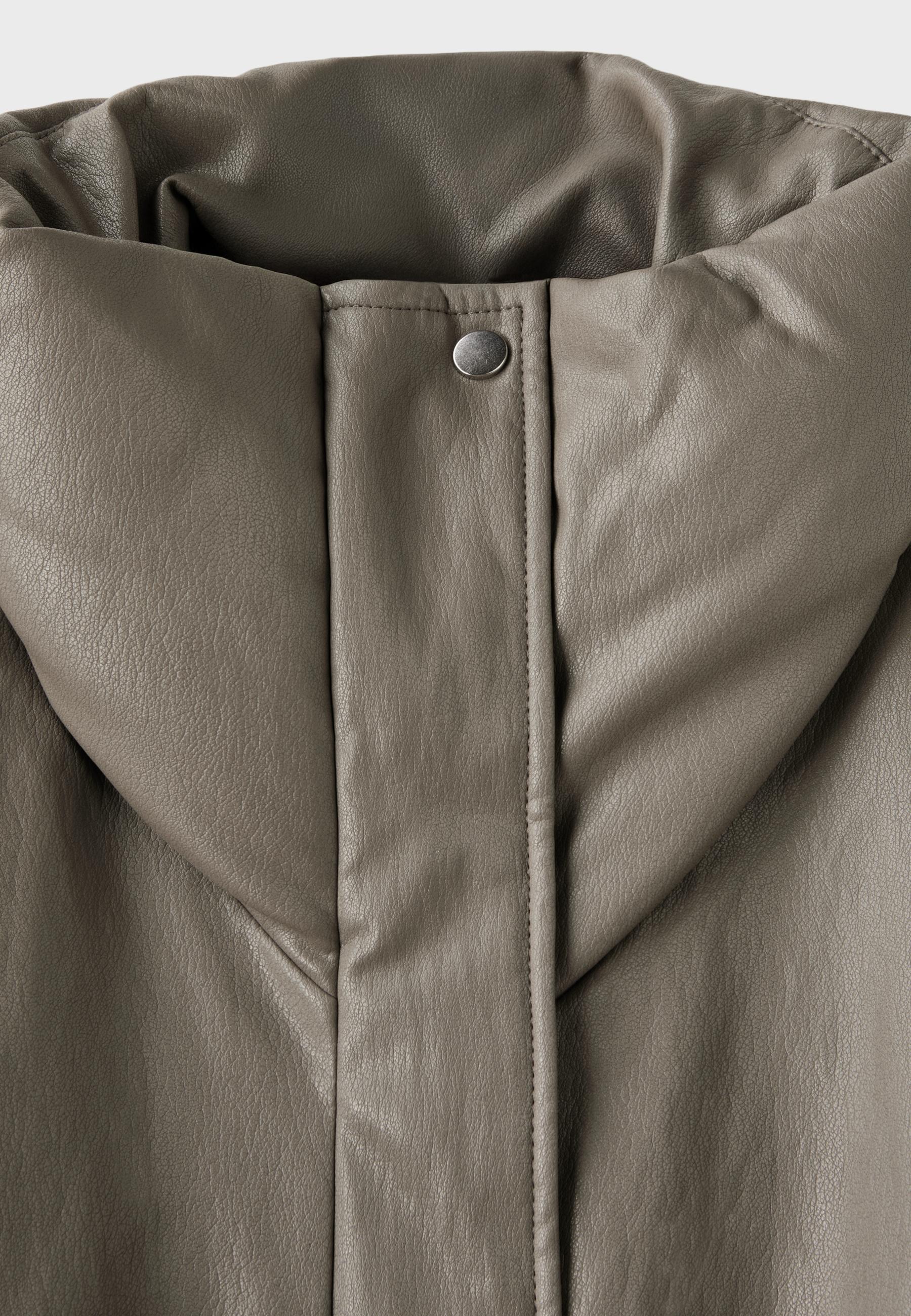 Leather effect high neck puffer jacket — Grey