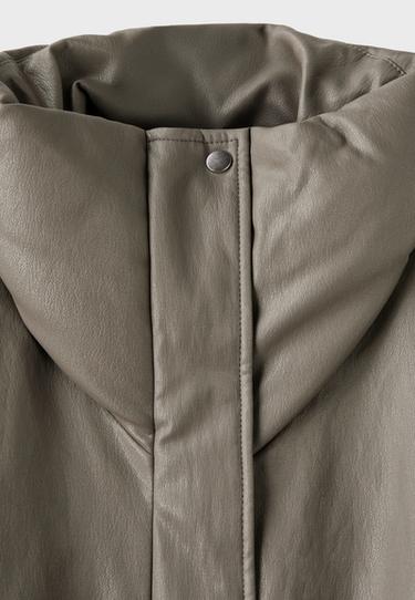 Leather effect high neck puffer jacket — Grey 9