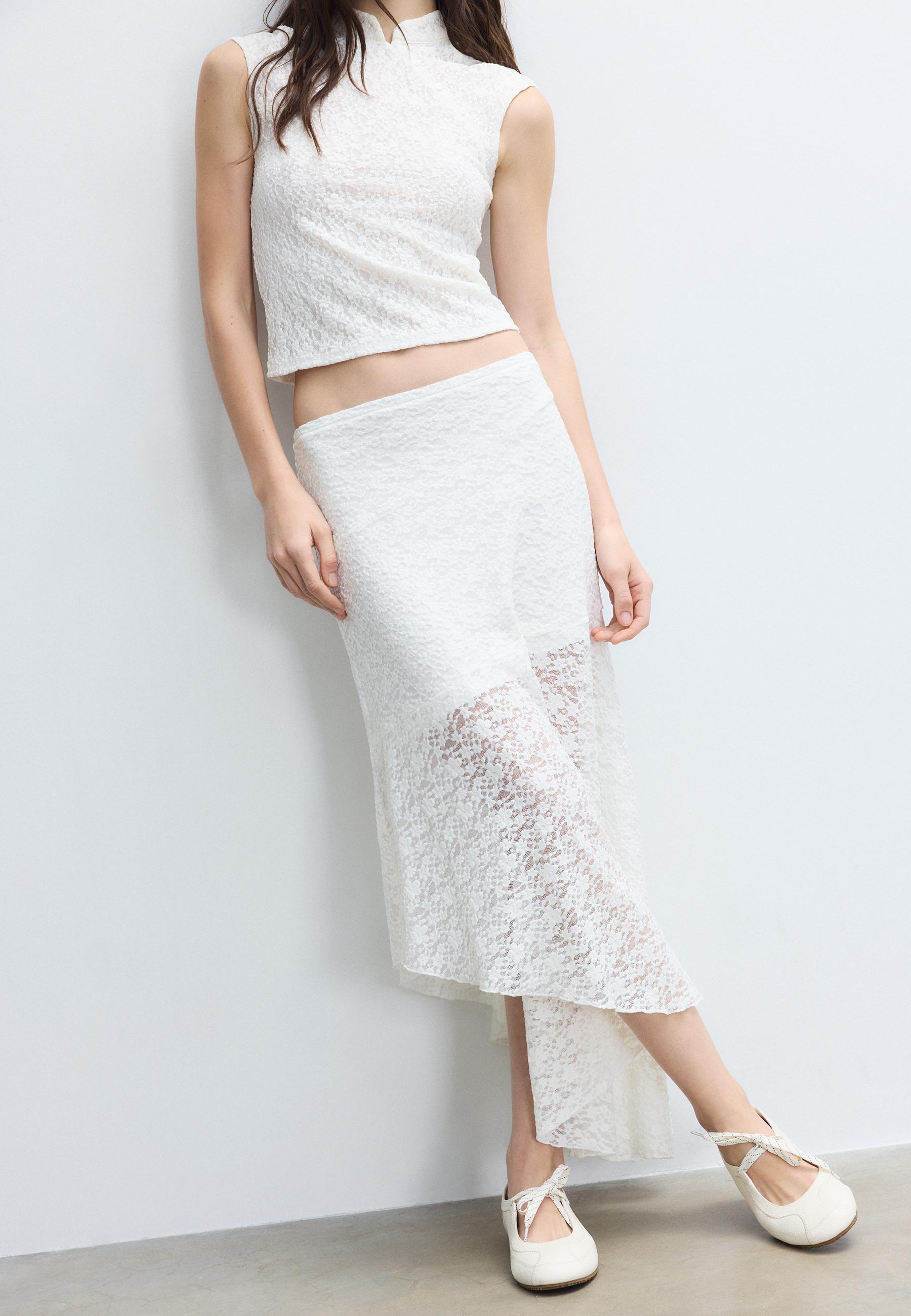 Asymmetric lace midi skirt — Ecru