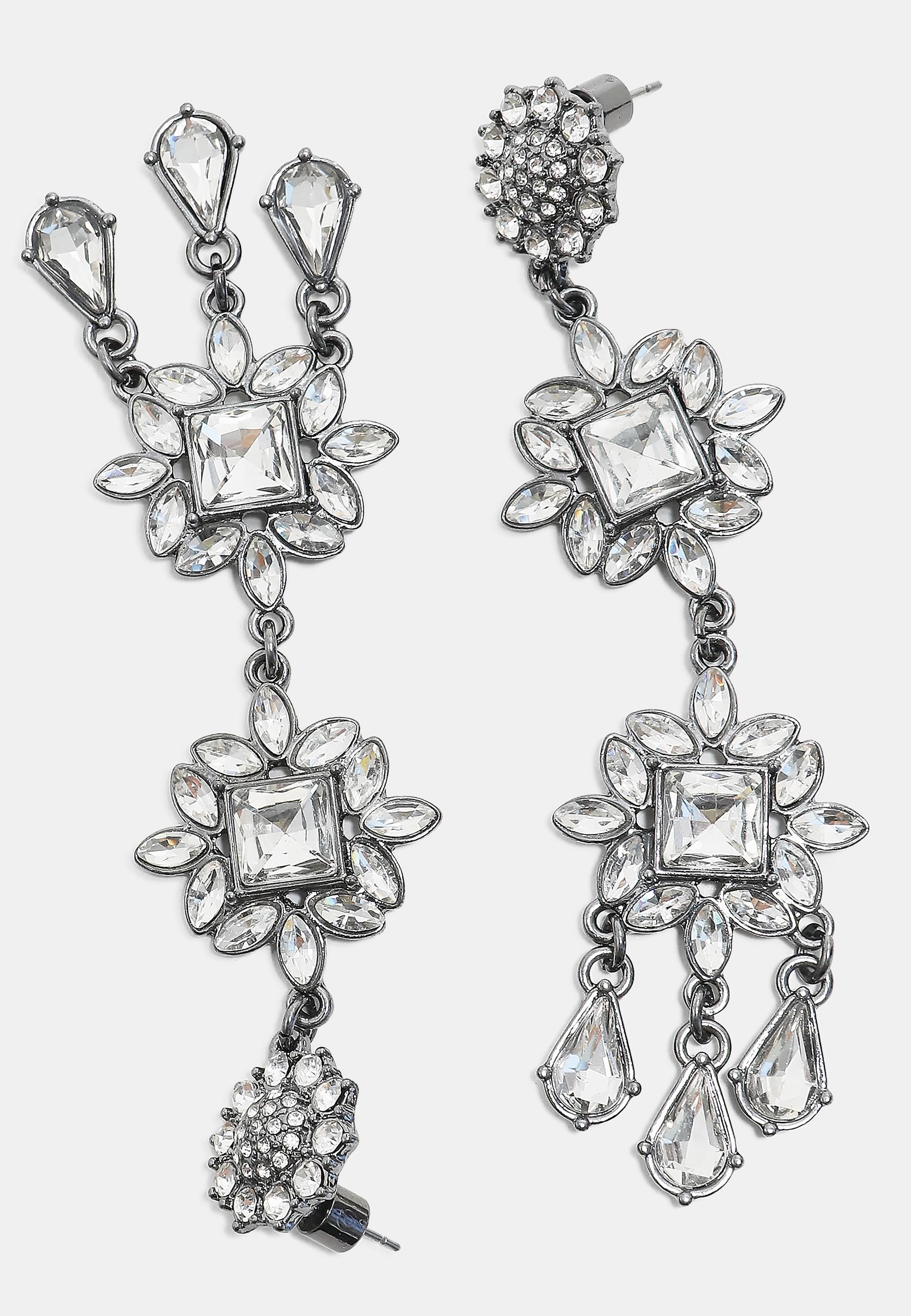 Long rhinestone drop earrings — Grey