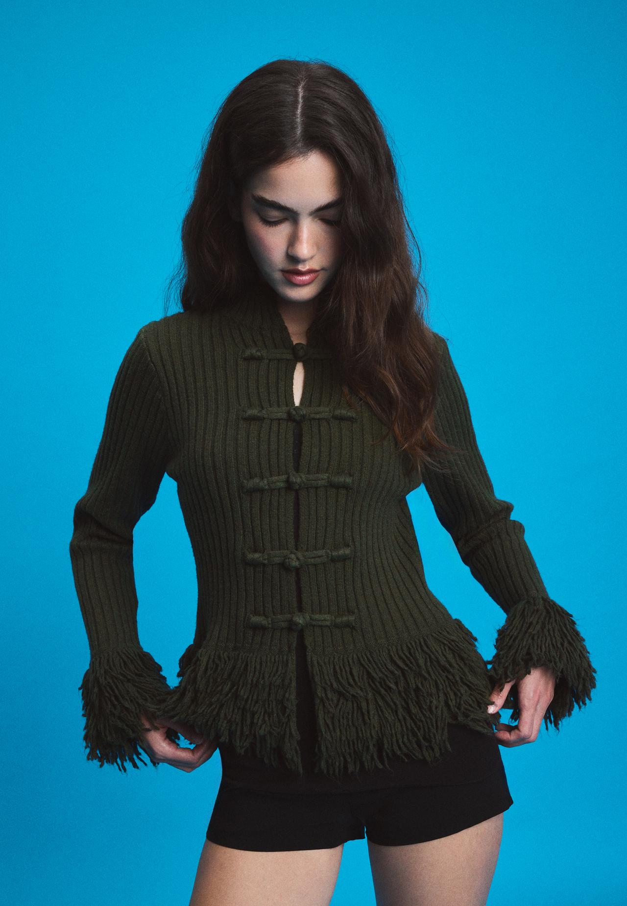 Fringed knit cardigan — Khaki