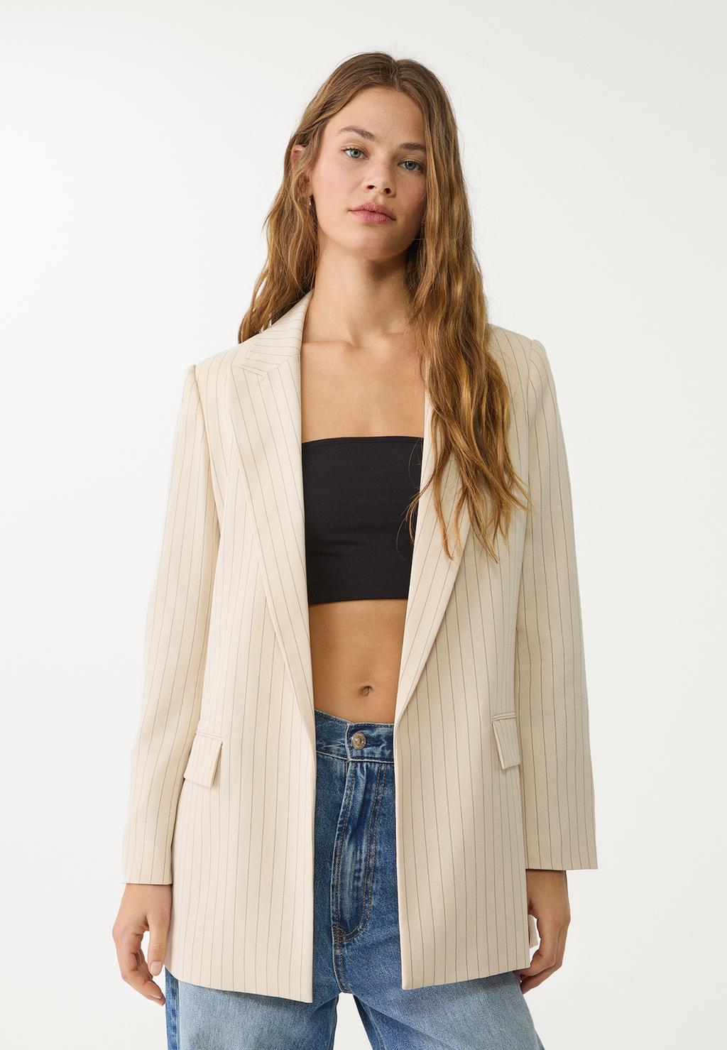 Dökümlü ve çizgili önü açık blazer