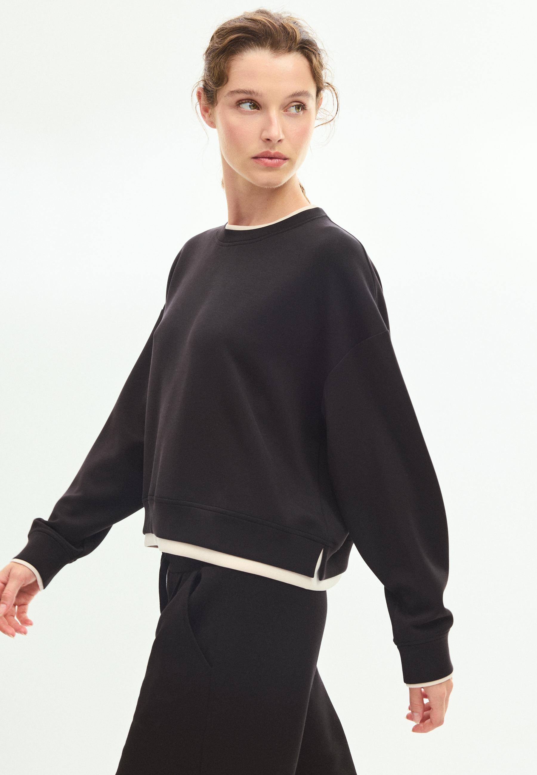 Soft-touch contrast round neck sweatshirt — Black