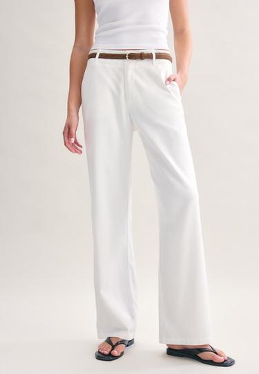 Straight-leg linen-effect trousers with belt — Ecru 3