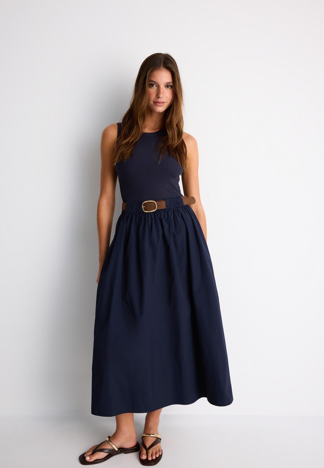 Two-material sleeveless midi dress with belt - Women's fashion | Stradivarius Romania Two-material sleeveless midi dress with belt - Women's fashion | Stradivarius Romania