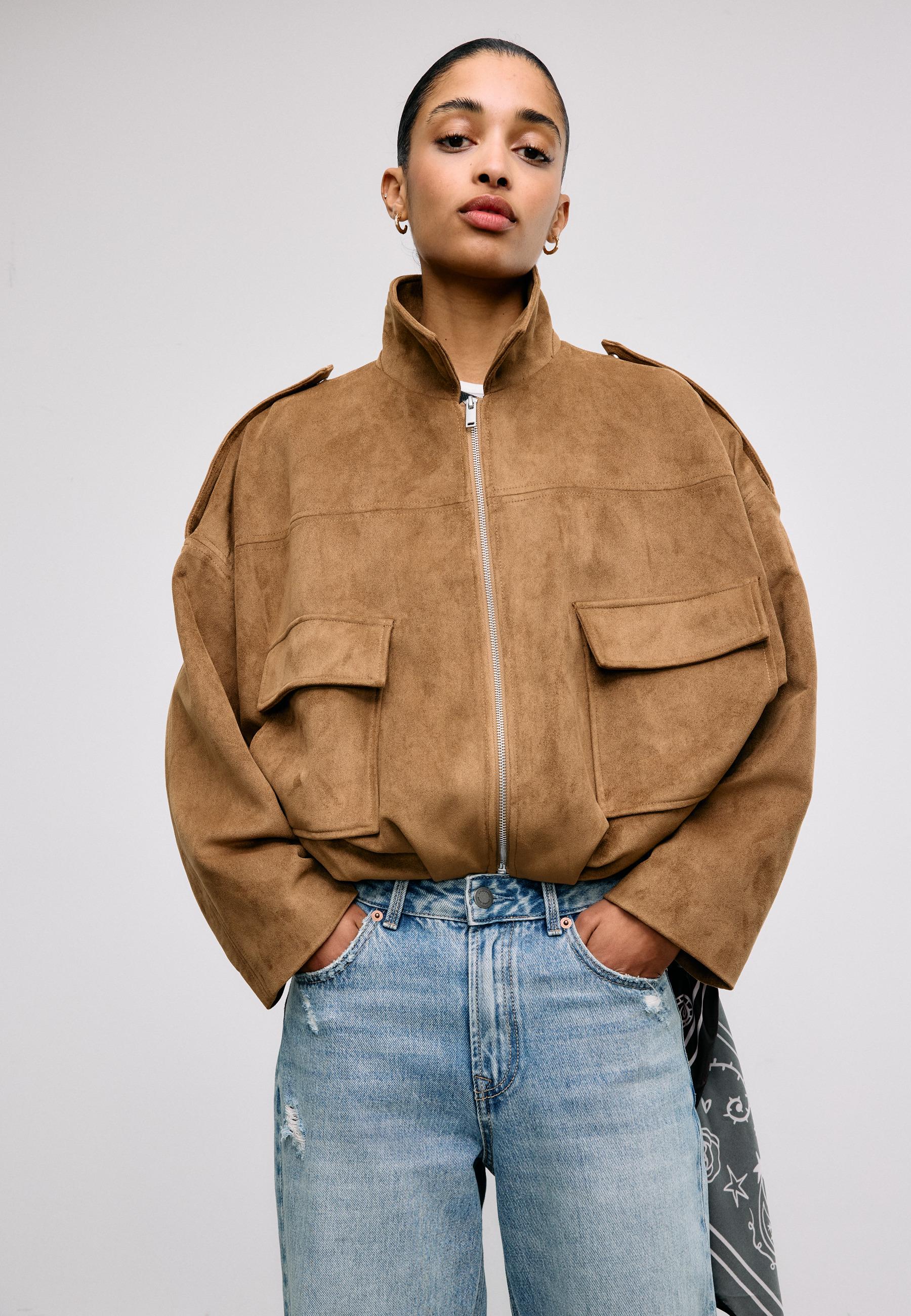 Faux suede bomber jacket — Stone