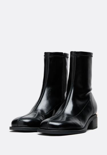 Stretch leather effect flat ankle boots — BLACK  3