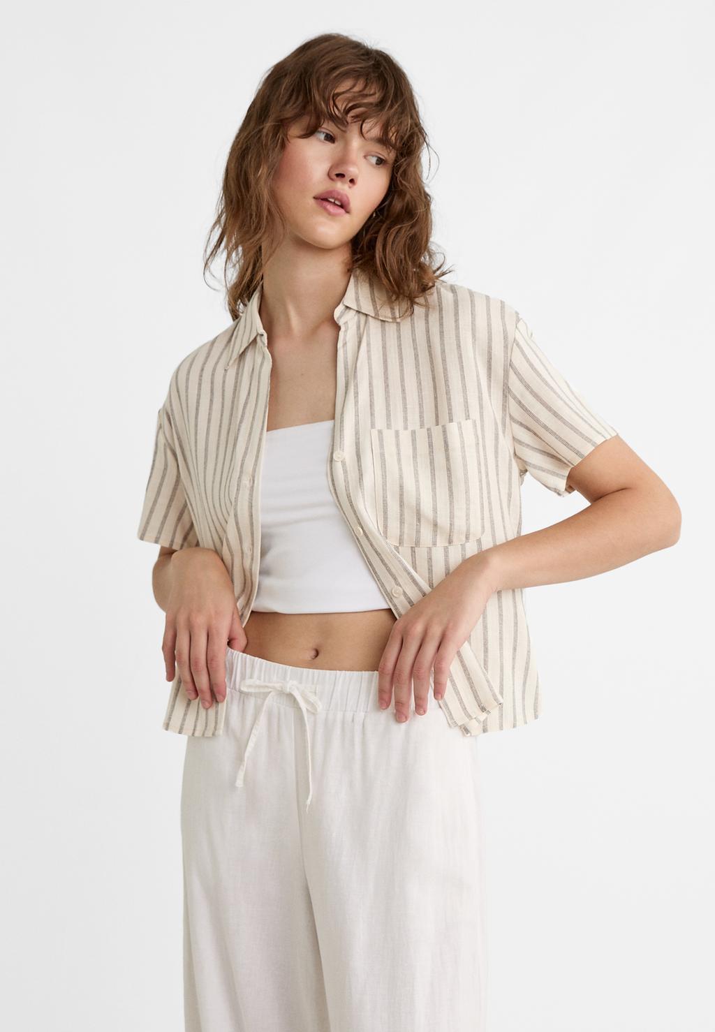 Short sleeve striped linen blend shirt