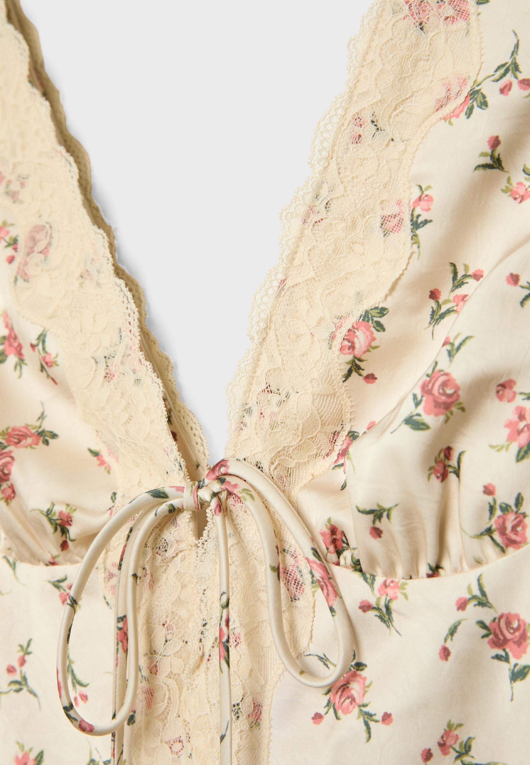 Short sateen lace dress — Ecru