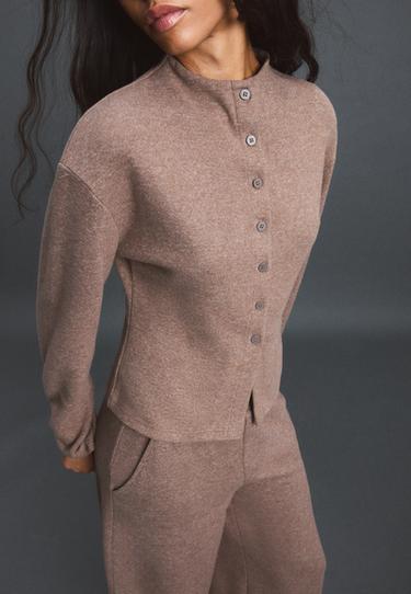 Stand collar knit cardigan — Brown 3