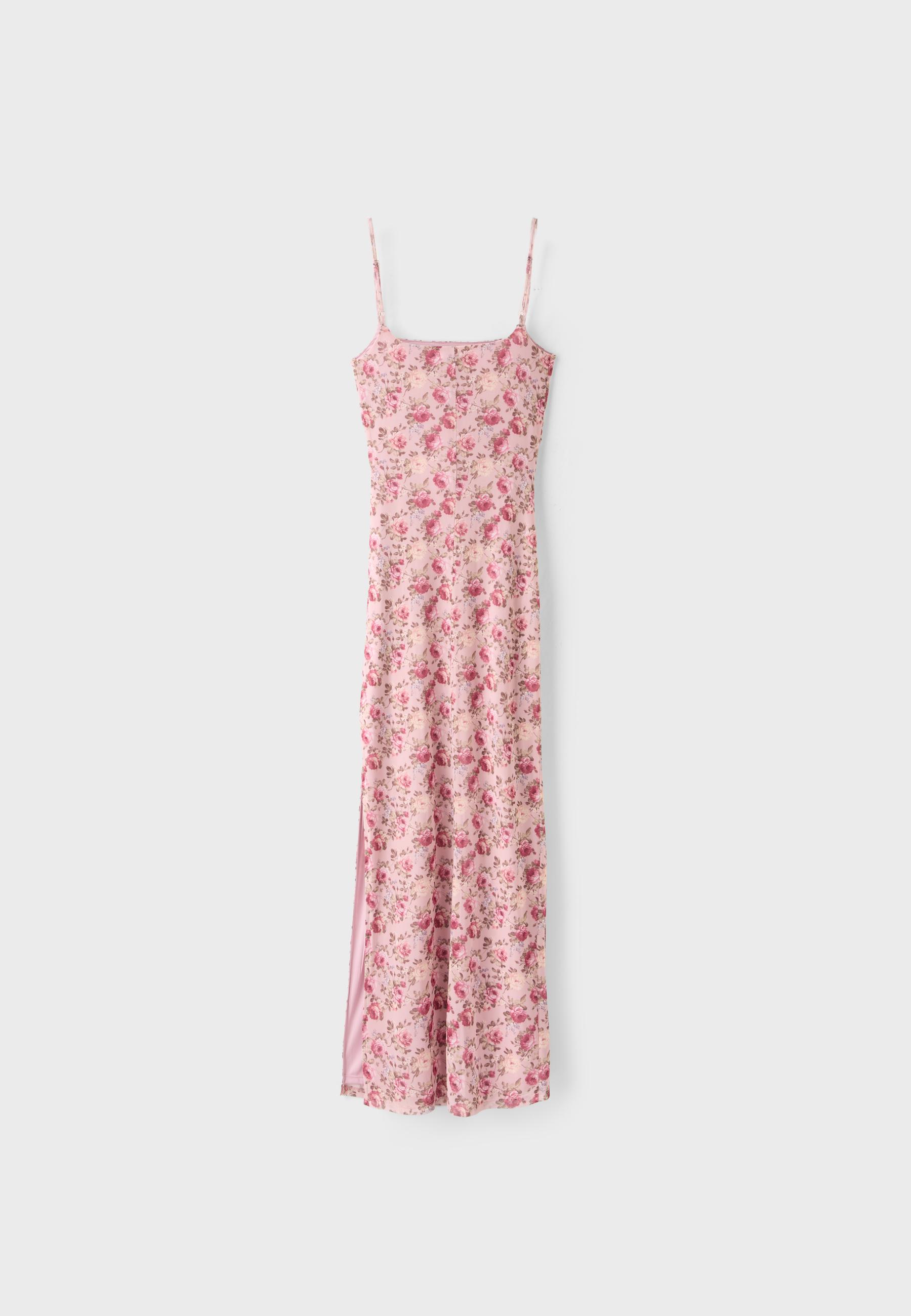 Printed ruched strap midi dress — Pastel pink