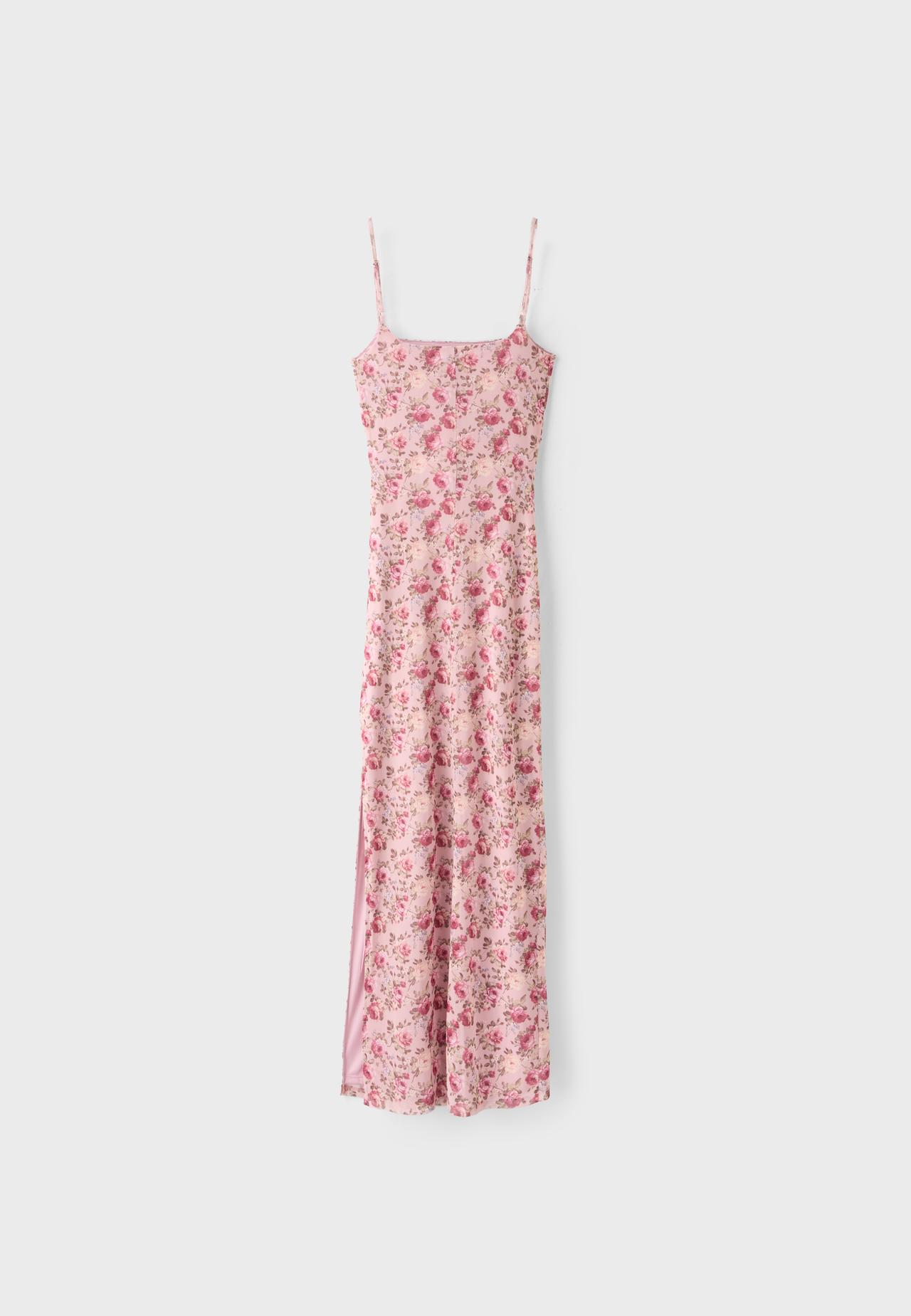 Printed gathered midi dress with straps — Pastel pink