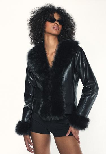 Fitted leather effect jacket with faux fur collar — Black 3