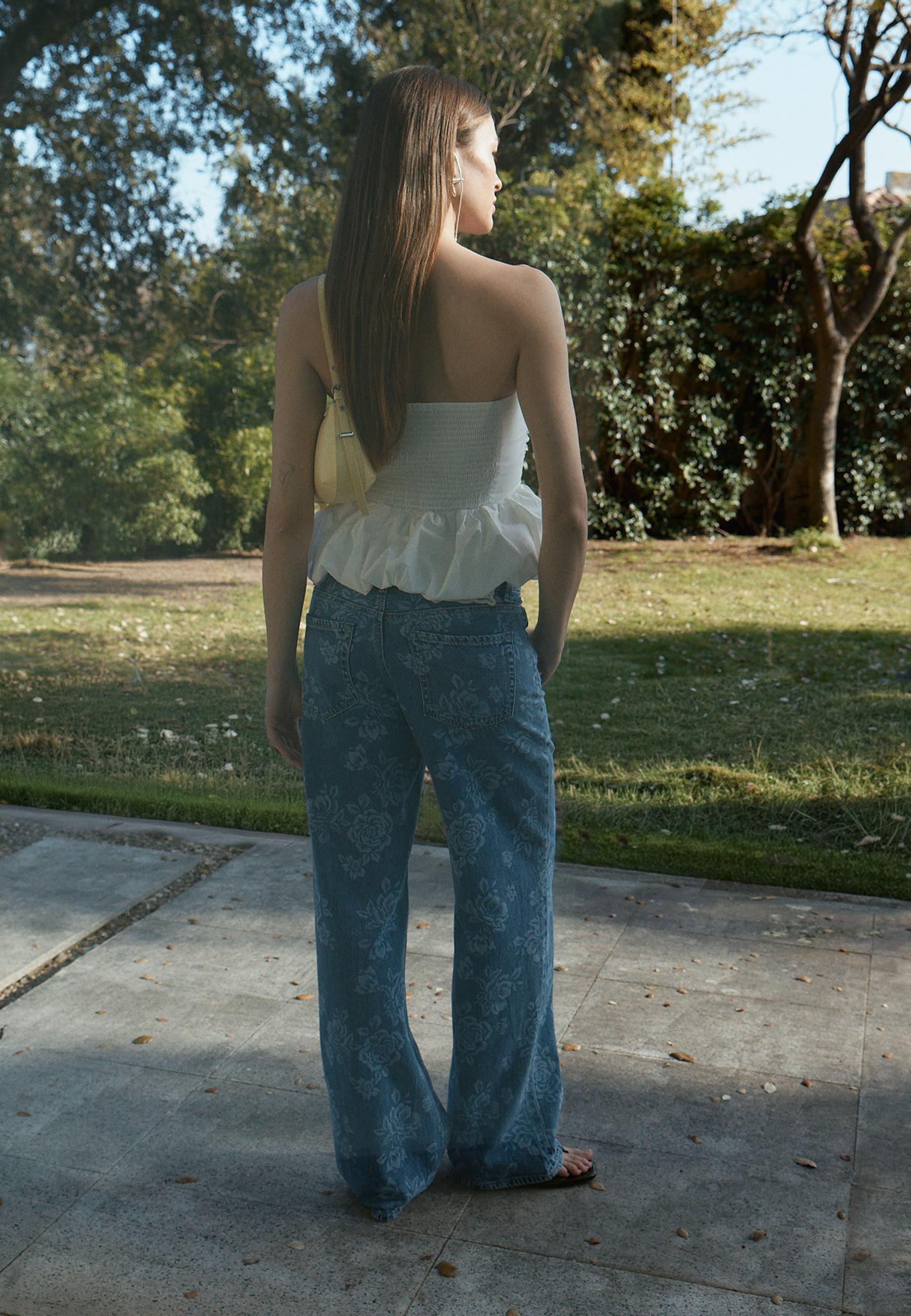 Lazer çiçek desenli straight fit jean