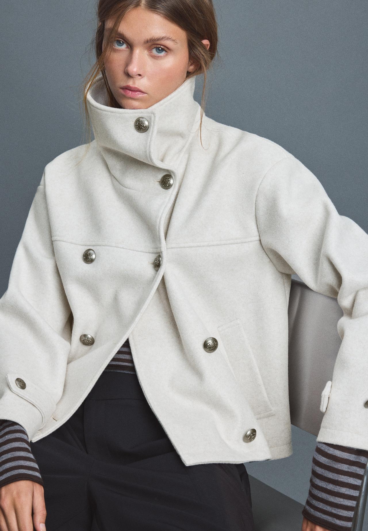 Soft-touch crossover high neck jacket — Ecru