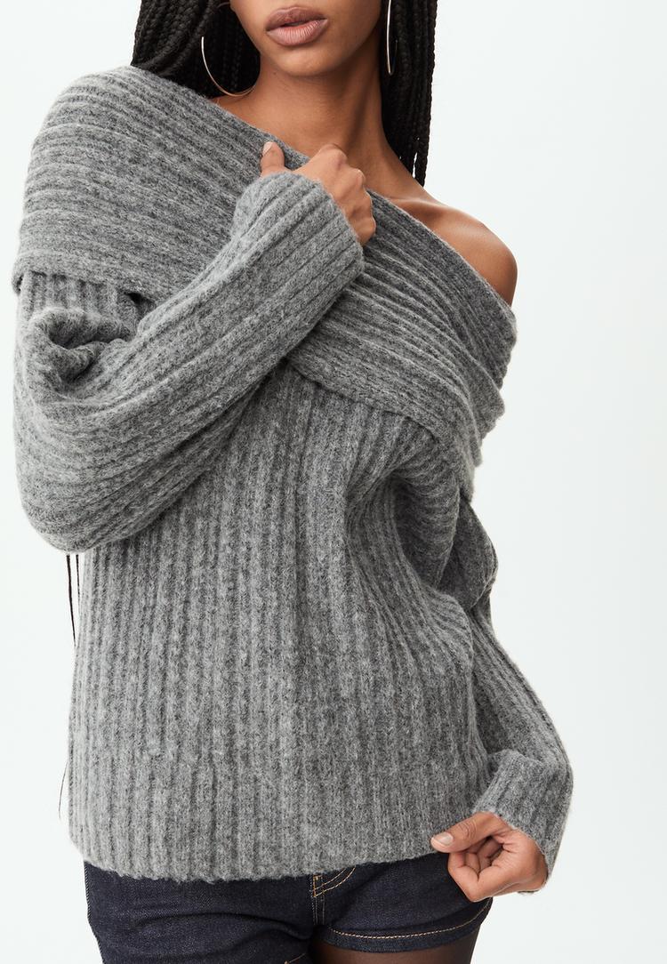 asymmetric knit off the shoulder sweater