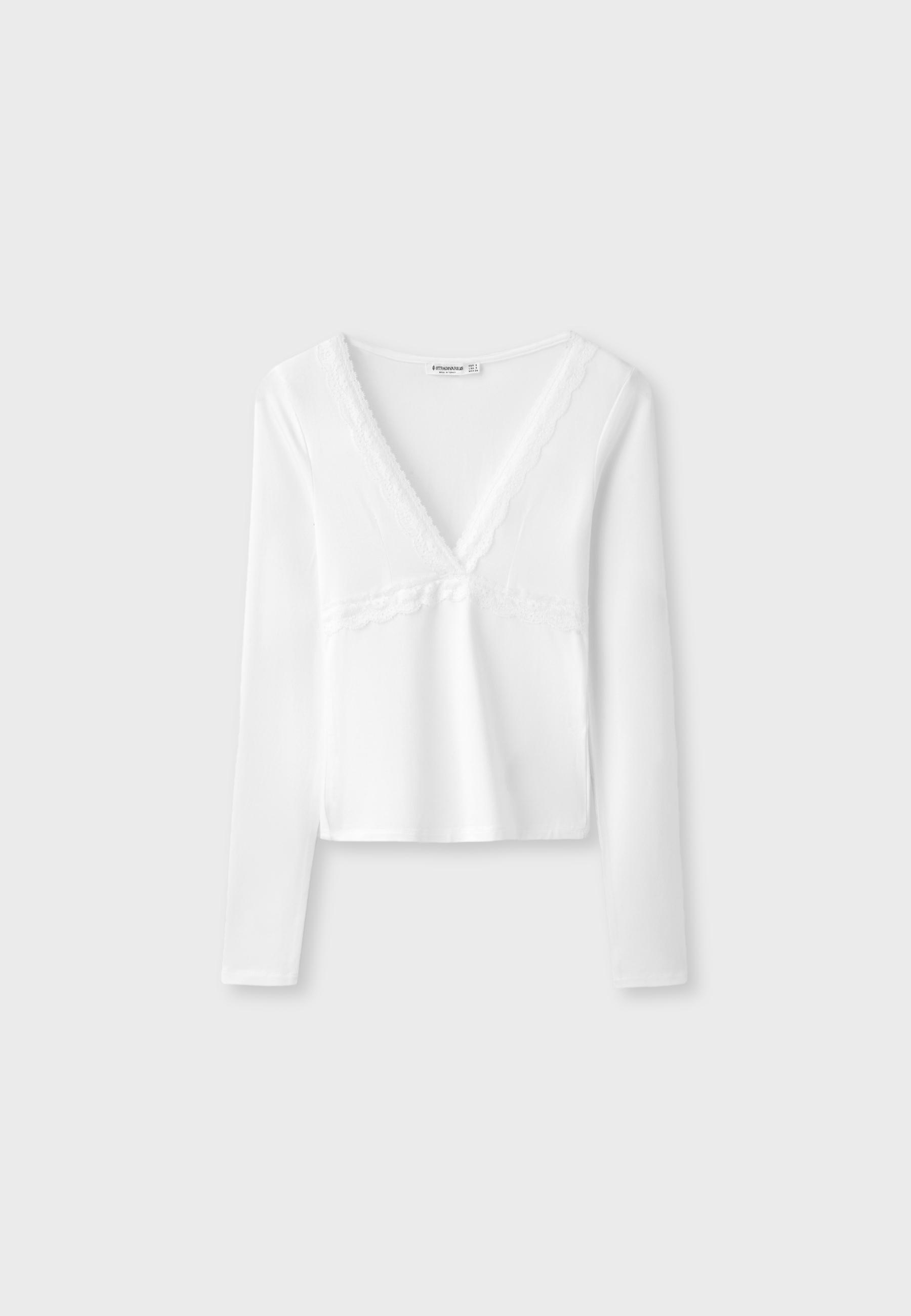 Stradivarius Dantel detaylı uzun kollu V yaka t-shirt görsel 2
