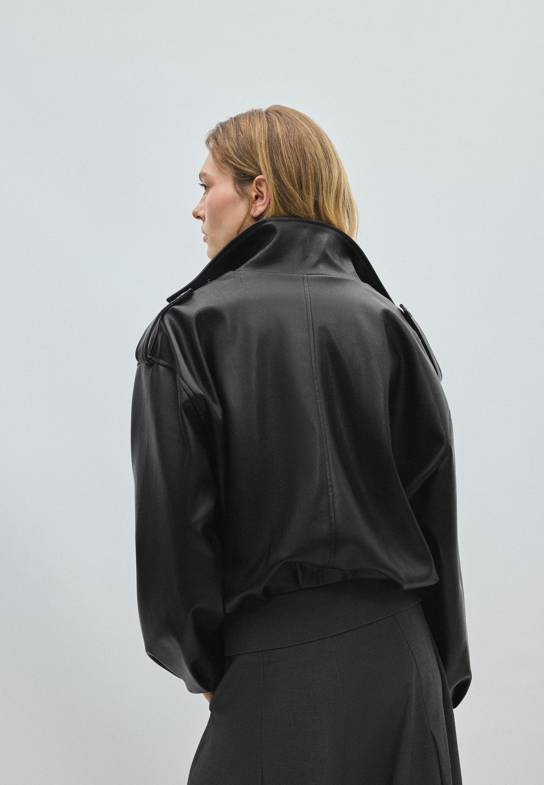 Leather effect balloon sleeve biker jacket — Black