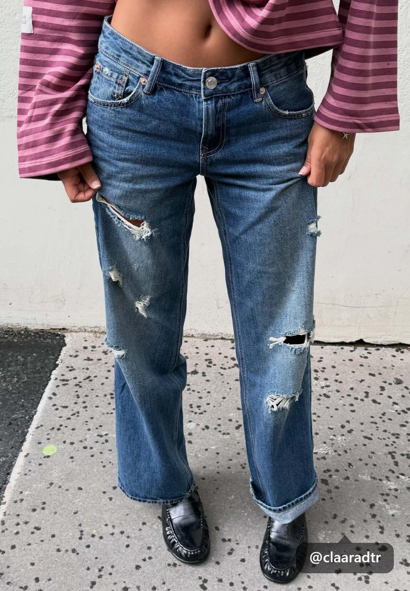 Stradivarius Yırtık detaylı düşük bel straight jean