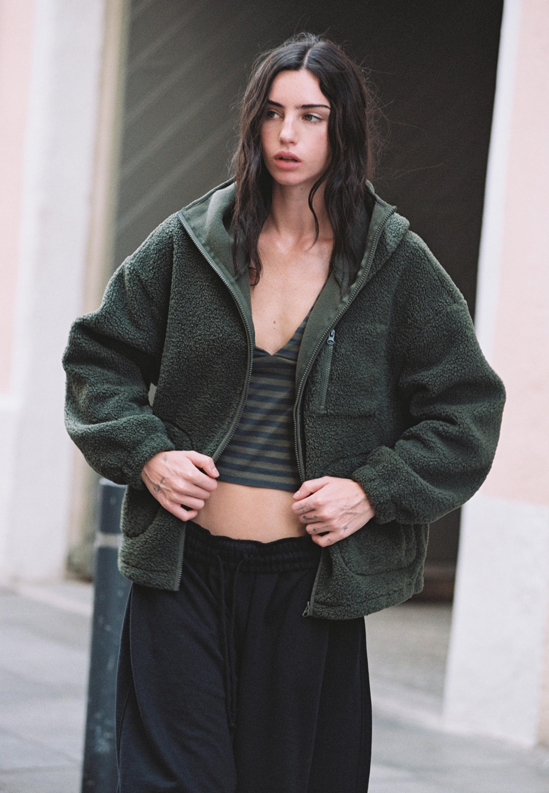 Faux shearling coat with toggles — Khaki