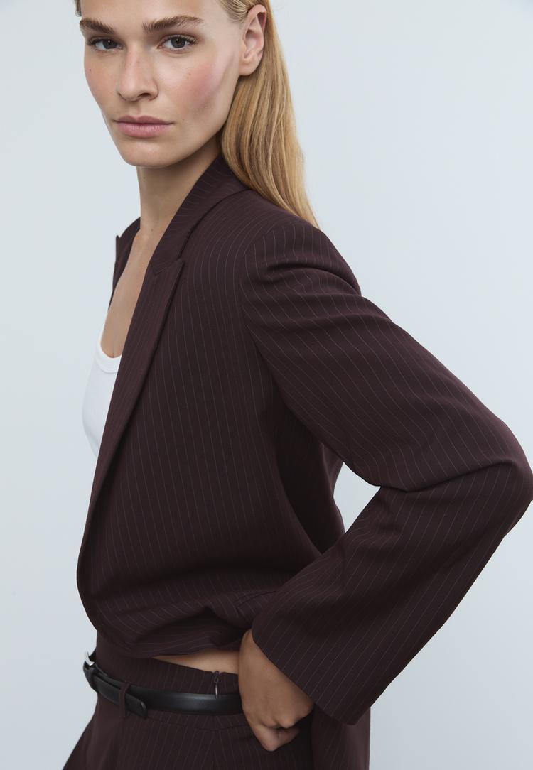 striped textured open blazer