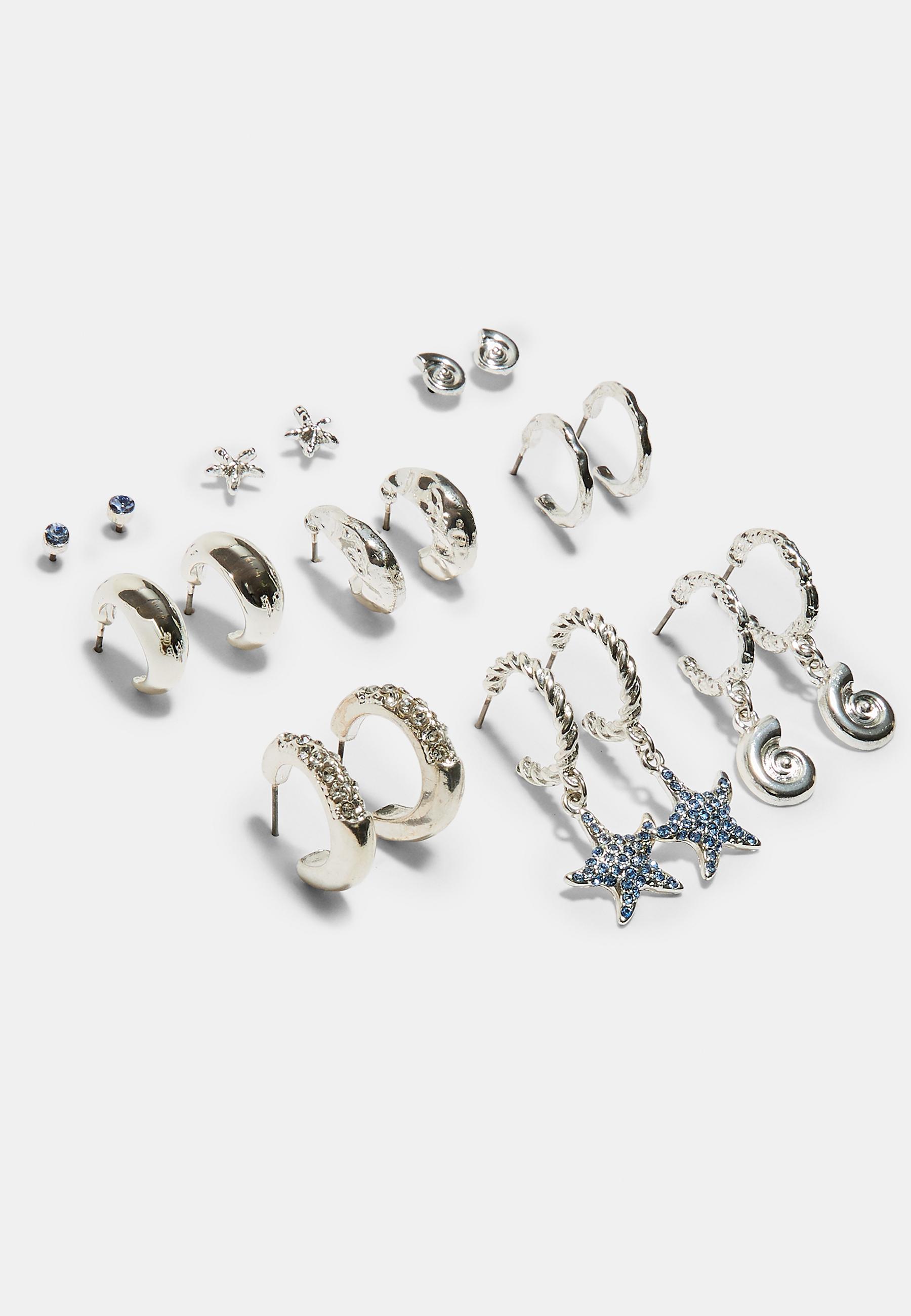 Set of 9 rhinestone starfish earrings — Grey