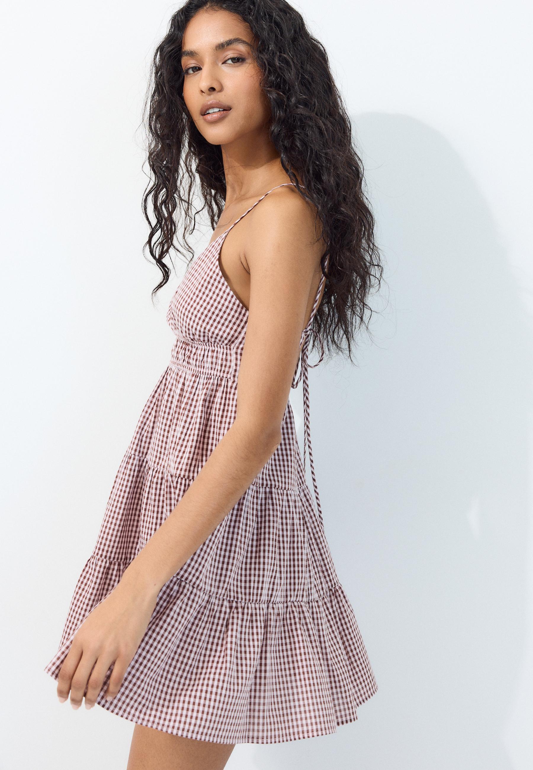 Gingham short dress with open back — GREY DENIM WASH
