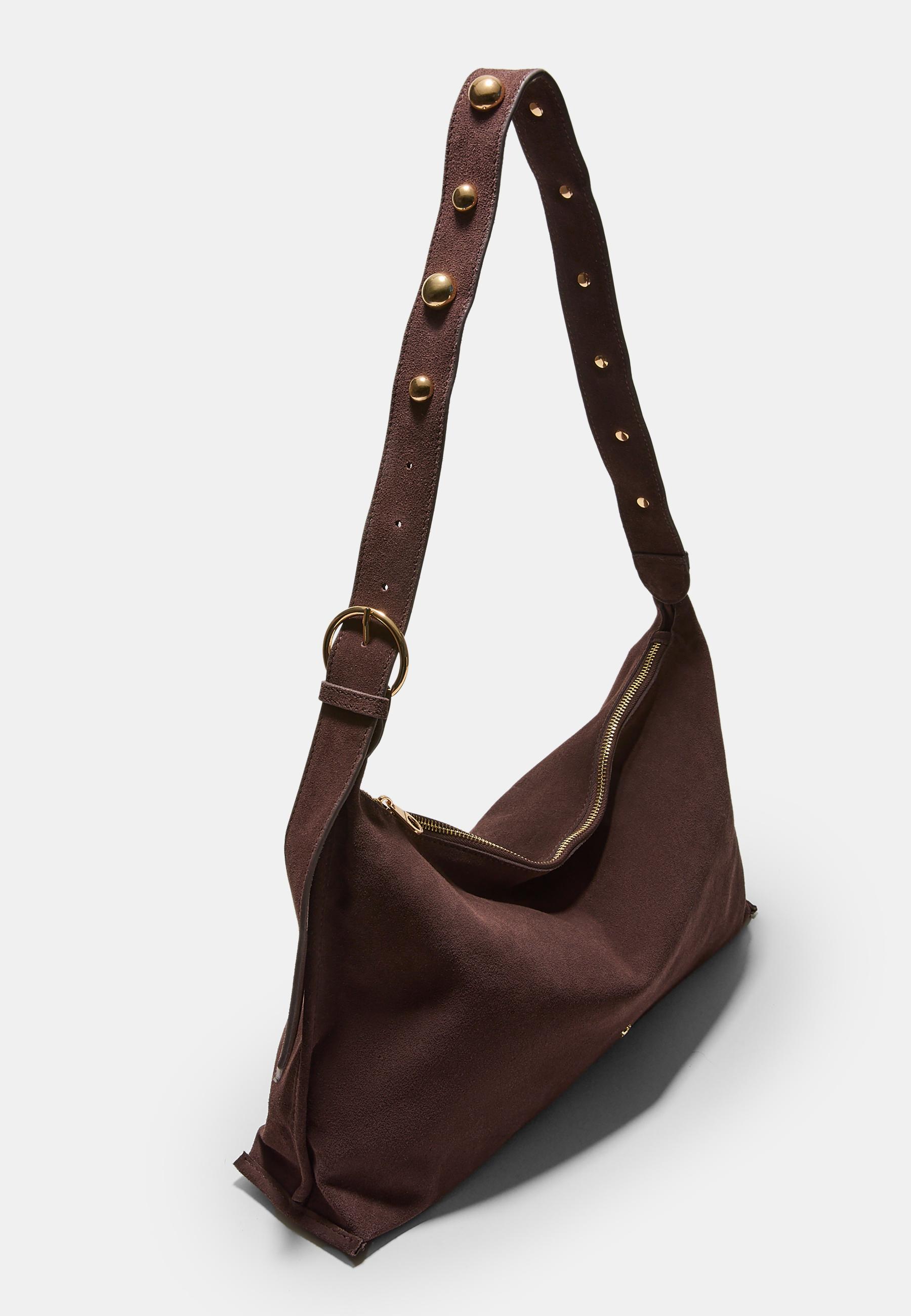 Studded flat shoulder bag, 100% leather — Brown