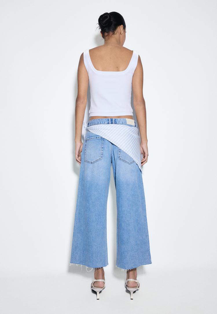  Stradivarius Τζιν Culotte Με Λεπτομέρεια Μαντήλι Μπλε Μεσαίας Απόχρωσης 36 - 4