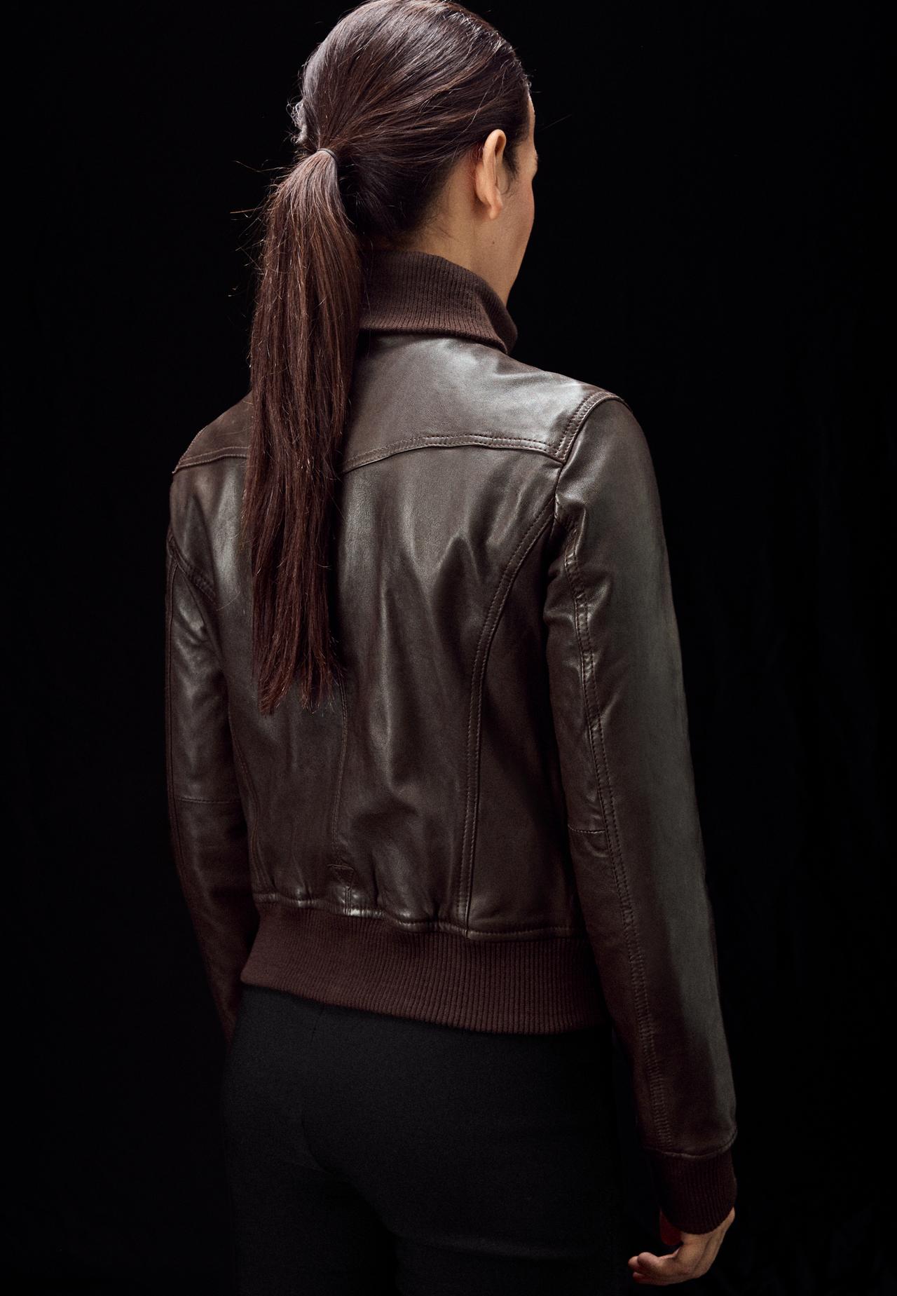 Leather jacket with ribbed trim — Brown