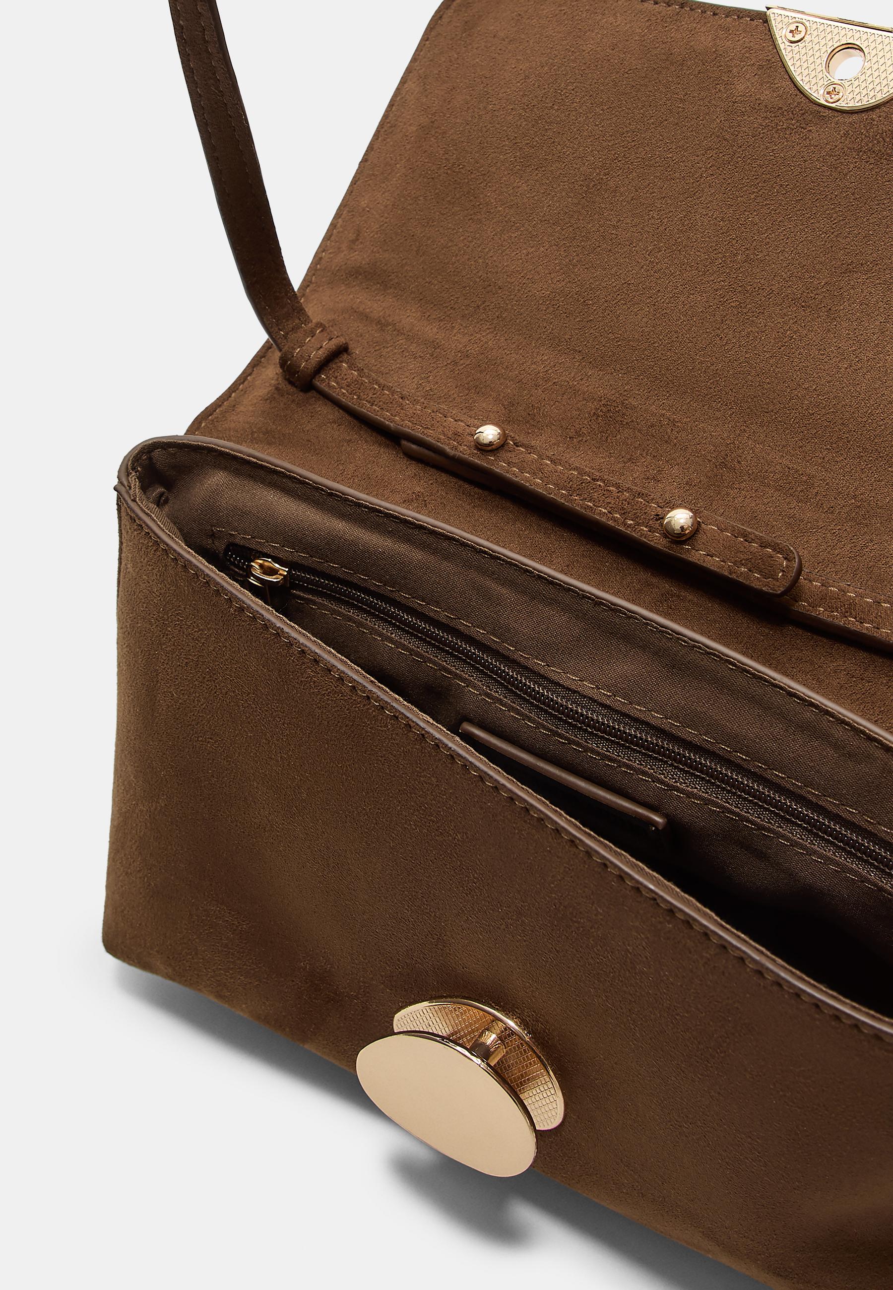 Asymmetric faux suede bag with metal clasp — Brown