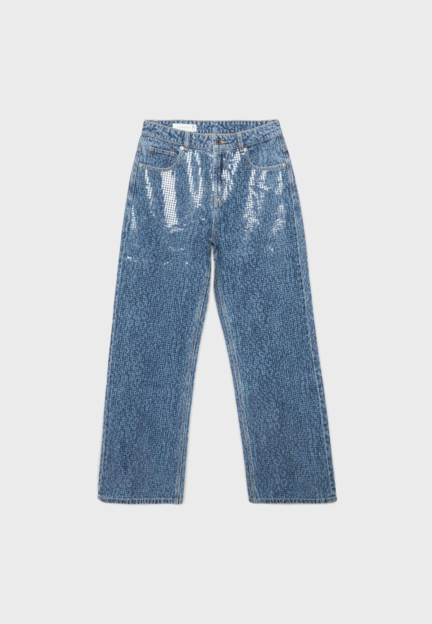 Leopard print straight-leg jeans with rhinestones — MEDIUM BLUE DENIM