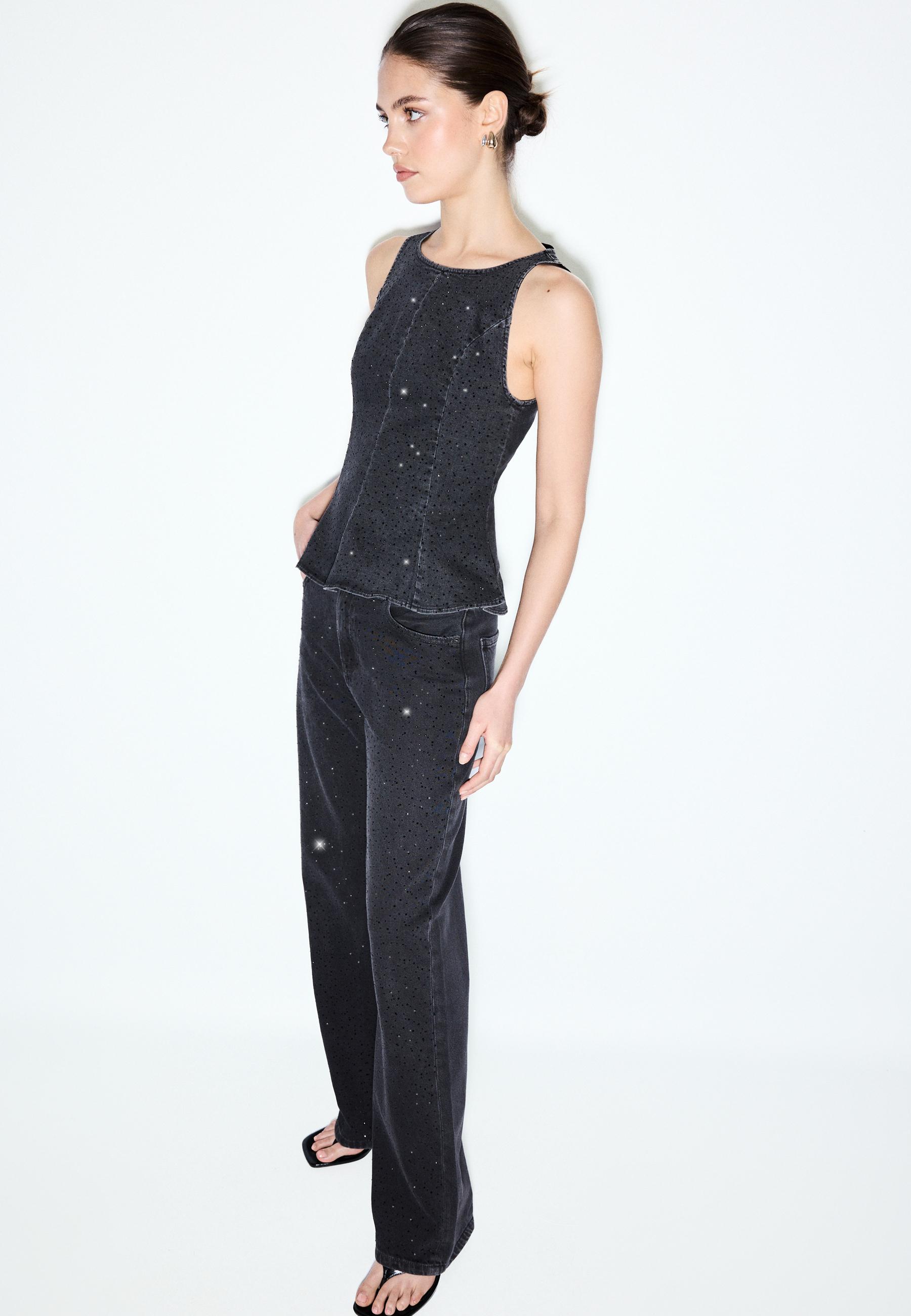 Denim peplum top with rhinestones — Black
