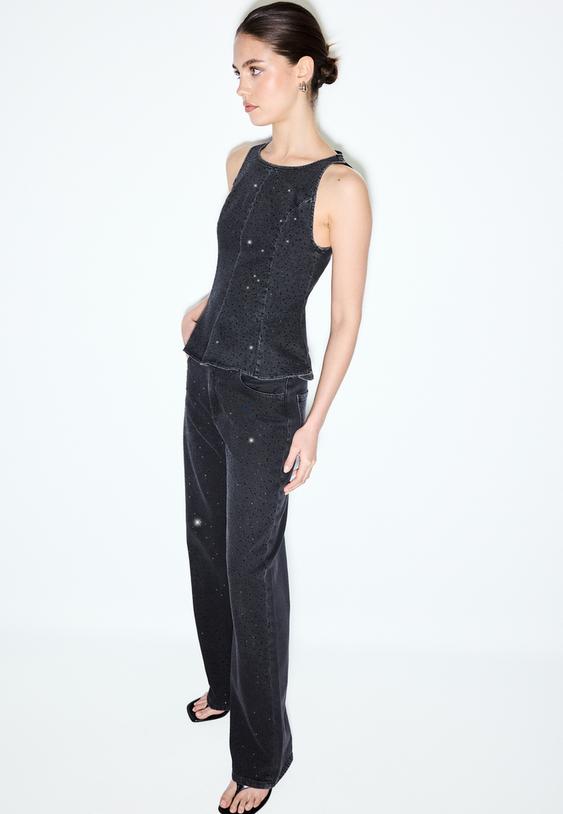 Stradivarius Denim Peplum Top With Rhinestones Black S