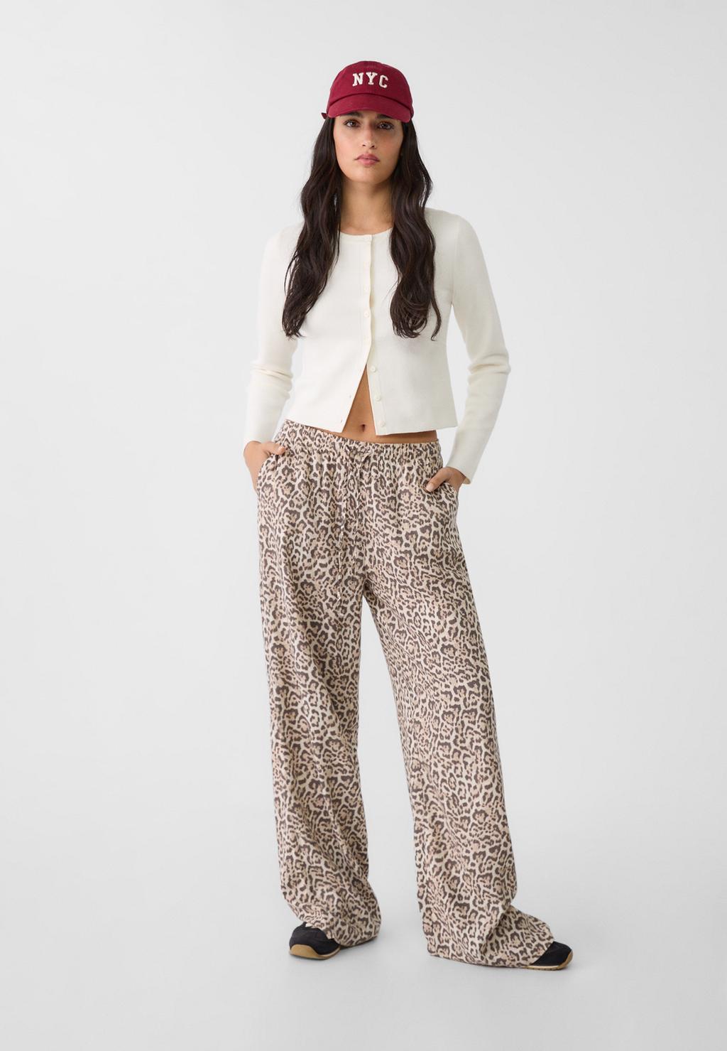 Flowing printed linen blend trousers