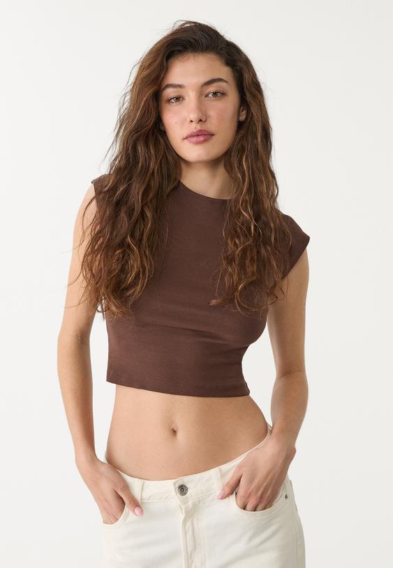 Stradivarius Cropped T-Shirt Met Kapmouwen Bruin M